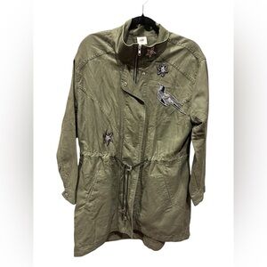 CAbi utility jacket moss/army green linen blend sequin bird/star patches Size M